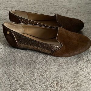 Iman Brown Calfhair Leather & Bronze Gold Glitter Smoking Loafers Sz 7
